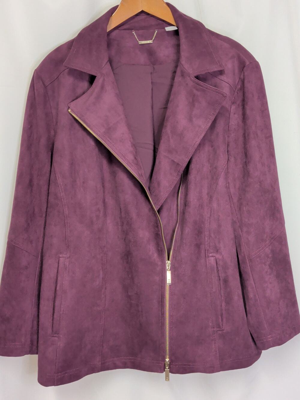 Chico's size for elongated Moto faux suede jacket in plum shadow